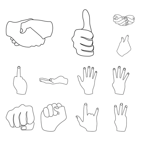 Ícones de contorno de gesto de mão na coleção de conjuntos para design. Palma e dedo símbolo vetor web ilustração . —  Vetores de Stock