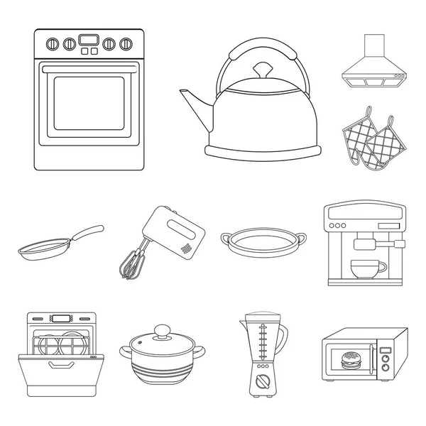 Kuchnia wyposażenie konturu ikony w kolekcja zestaw do projektowania. Kuchnia i akcesoria symbol web czas ilustracja wektorowa. — Wektor stockowy