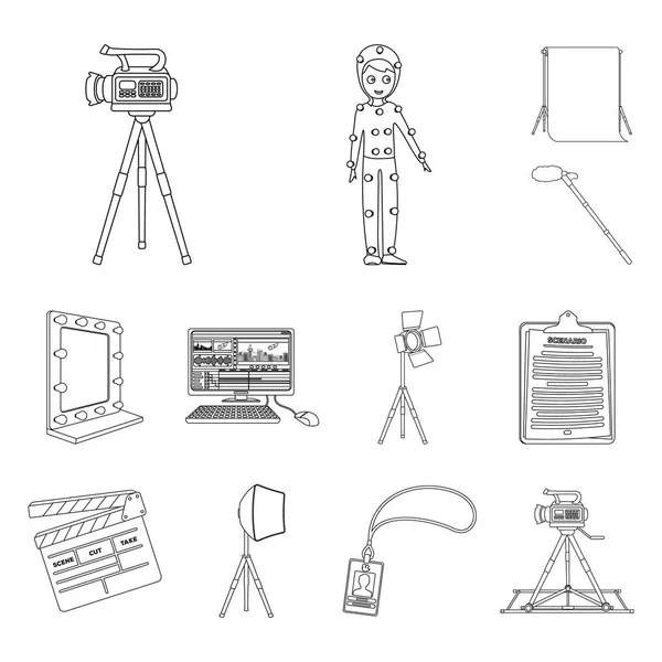 Het maken van een film overzicht pictogrammen in set collectie voor design. Kenmerken en uitrusting vector symbool voorraad web illustratie. — Stockvector