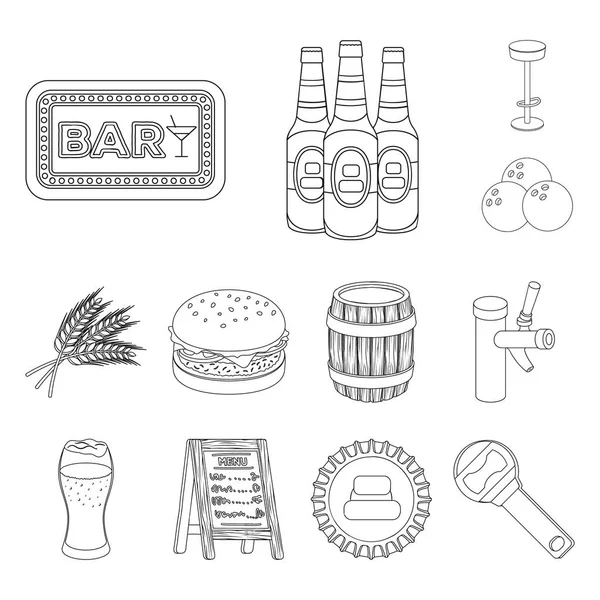 Set koleksiyonu tasarım için pub, iç ve ekipman anahat simgeleri. Alkol ve yiyecek sembol stok web illüstrasyon vektör. — Stok Vektör