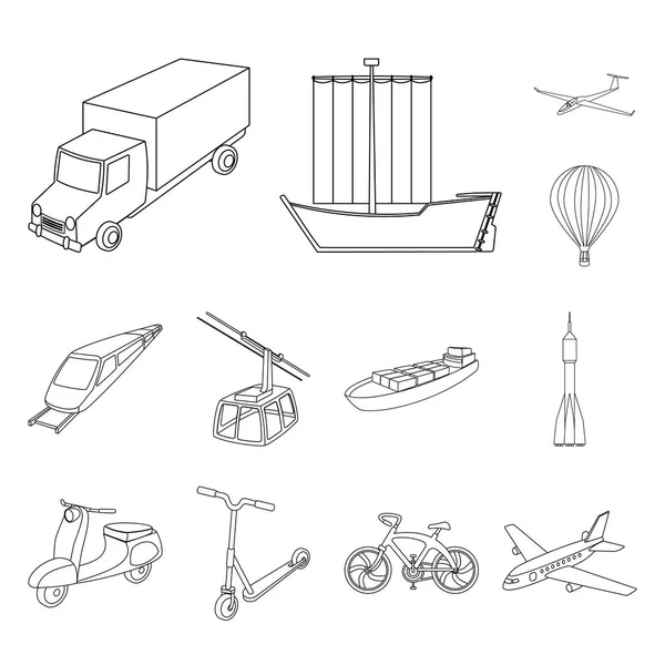 Различные типы иконок контуров транспорта в наборе для проектирования. Векторные символы автомобилей и кораблей . — стоковый вектор