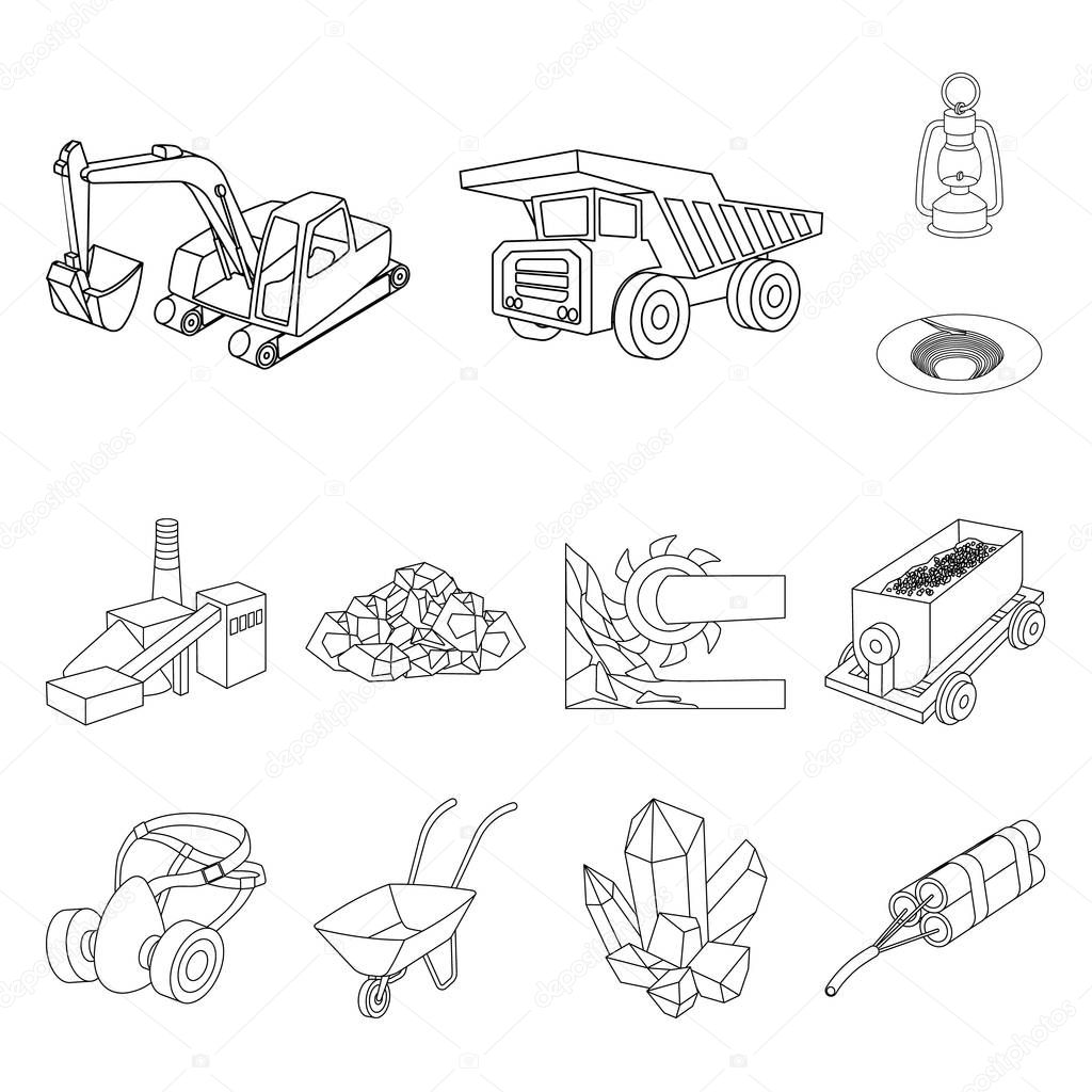 Mining industry outline icons in set collection for design. Equipment and tools vector symbol stock web illustration.