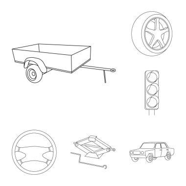 Araba, araç anahat simgeleri toplama tasarımı için ayarlayın. Araba ve ekipman sembol stok web illüstrasyon vektör.