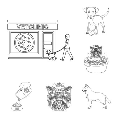 Set koleksiyonu tasarım için evde beslenen hayvan anahat simgeleri. Bakım ve eğitim sembol stok web illüstrasyon vektör.