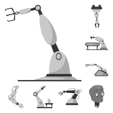 Robot ve fabrika logosu yalıtılmış nesne. Hisse senedi için robot ve uzay vektör simge kümesi.