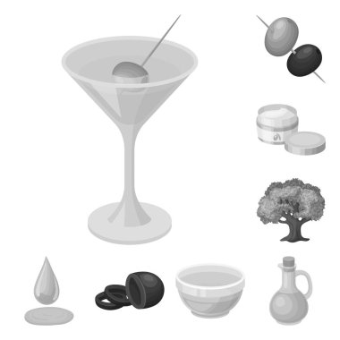 Zeytin, gıda tek renkli simgeler set koleksiyonu tasarım için. Zeytin yağı, vektör simge stok web illüstrasyon baharat.