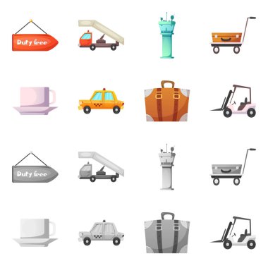 Havaalanı ve uçak işareti vektör tasarımı. Hisse senedi için Havaalanı ve uçak vektör simge topluluğu.