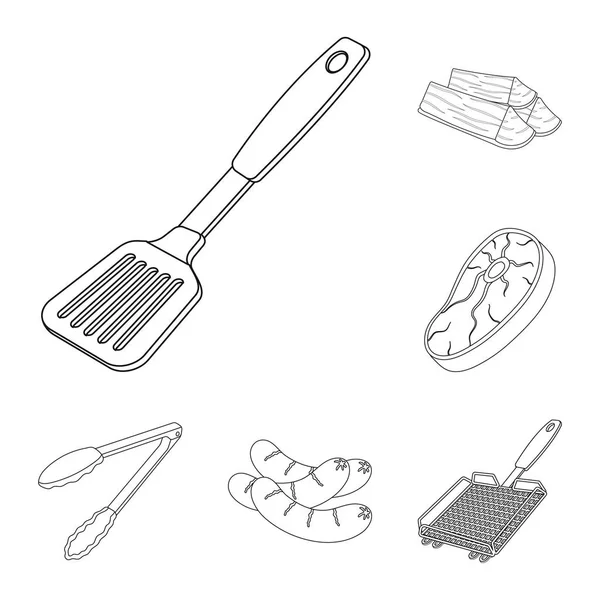Barbacoa y equipo perfilan iconos en la colección de sets para el diseño. Picnic y comida frita vector símbolo stock web ilustración . — Archivo Imágenes Vectoriales