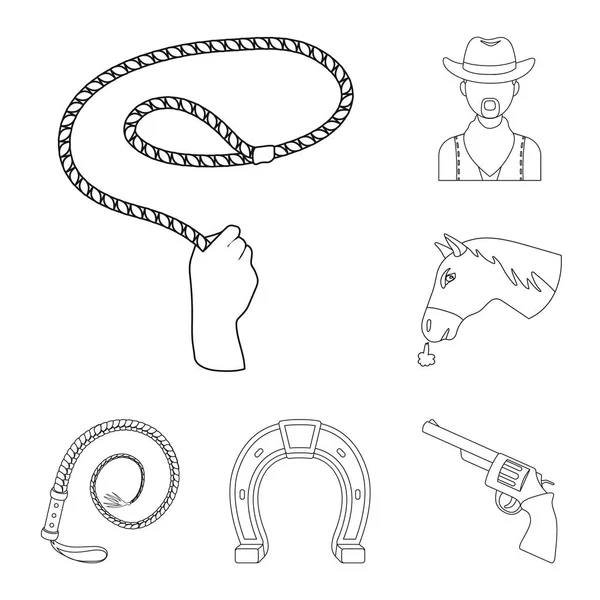 Rodéo, icônes de contour de compétition dans la collection de set pour le design. Cowboy et équipement vectoriel symbole stock illustration web . — Image vectorielle