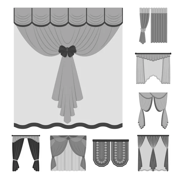 Diferentes tipos de cortinas iconos monocromáticos en colección de conjuntos para el diseño. Cortinas y lambrequines vector símbolo stock web ilustración . — Archivo Imágenes Vectoriales