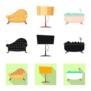 Mobilya ve daire sembolü yalıtılmış nesne. Mobilya ve hisse senedi için ev vektör simge kümesi.