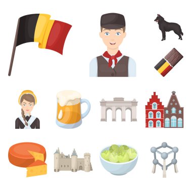 Set koleksiyonu tasarım için ülke Belçika karikatür simgeler. Seyahat ve konumlar Belçika sembol stok web illüstrasyon vektör.