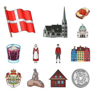 Danimarka karikatür simgeleri set koleksiyonu tasarım için seyahat. Danimarka ve konumlar sembol stok web illüstrasyon vektör.