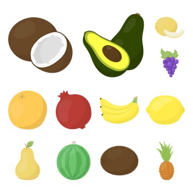 Farklı meyve set koleksiyonu tasarım için simgeleri karikatür. Meyve ve vitaminler sembol stok web illüstrasyon vektör.