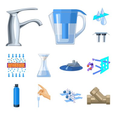 Su filtrasyon sistemi karikatür simgeleri set koleksiyonu tasarım için. Temizlik ekipmanları vektör simge stok web çizim.