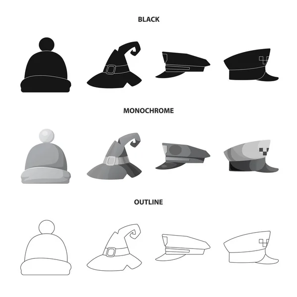 Ilustración vectorial de la marca de sombreros y gorras. Conjunto de casco y accesorio símbolo de stock para web . — Archivo Imágenes Vectoriales
