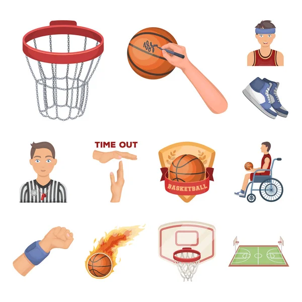 Баскетбол і атрибути мультфільму іконки в наборі колекції для дизайну. Баскетбол плеєр і обладнання Векторний символ стокової веб-ілюстрації . — стоковий вектор