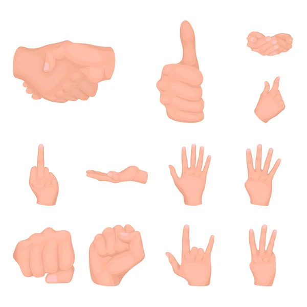 Ícones de desenho animado gesto mão na coleção de conjuntos para o design. Palma e dedo símbolo vetor web ilustração . —  Vetores de Stock