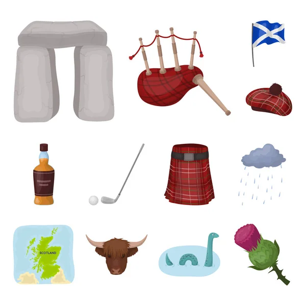 Country Scotland icone dei cartoni animati in collezione set per il design. Giro turistico, cultura e tradizione vettoriale simbolo stock web illustrazione . — Vettoriale Stock