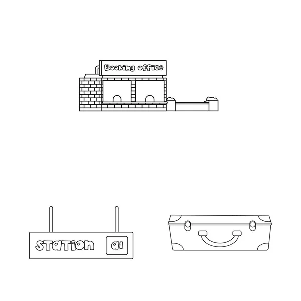 Illustrazione vettoriale dell'icona del treno e della stazione. Raccolta dell'illustrazione dei vettori ferroviari e dei biglietti . — Vettoriale Stock