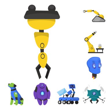 Robot ve fabrika logo vektör Illustration. Hisse senedi için robot ve uzay vektör simge kümesi.
