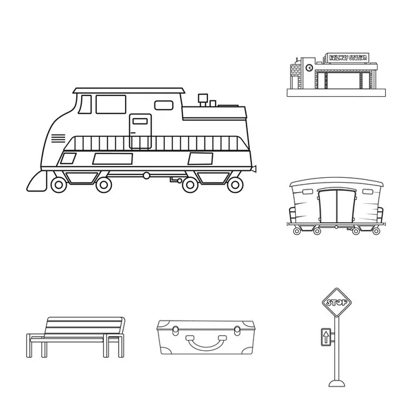 Vektorillustration von Zug- und Bahnhofsschild. Zug- und Fahrkartensymbole für das Internet. — Stockvektor