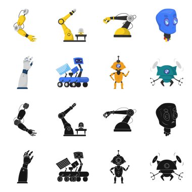 Robot ve fabrika logosu yalıtılmış nesne. Robot ve uzay hisse senedi vektör çizim topluluğu.