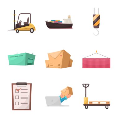 Yalıtılmış nesne mal ve kargo sembolü. Ürünler ve hisse senedi için ambar vektör simge koleksiyonu.