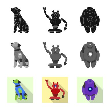 Robot ve fabrika logosu yalıtılmış nesne. Hisse senedi için robot ve uzay vektör simge kümesi.