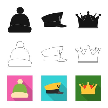 Şapkalar ve kap sembolü yalıtılmış nesne. Şapkalar ve hisse senedi için aksesuar vektör simge kümesi.