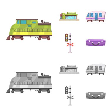 Tren ve istasyon logo yalıtılmış nesne. Web için tren ve bilet hisse senedi simgesi kümesi.