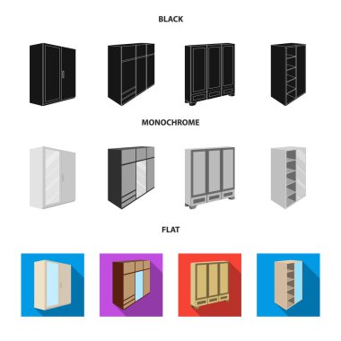 İle mezzanines ile raf ayna, dolap, dolap. Yatak Odası Mobilya toplama simgeler siyah, düz, tek renkli stil vektör simge stok çizim web içinde ayarla..