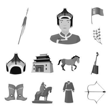 Ülke Moğolistan set koleksiyonu tasarım için tek renkli simgeler. Bölge ve dönüm noktası sembol stok web illüstrasyon vektör.