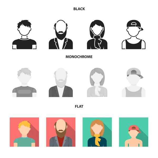 Pojke i en cap, rödhåriga tonåring, farfar med skägg, en kvinna. Avatar som samling ikoner i svart, platt, svartvit stil vektor symbol stock illustration web. — Stock vektor