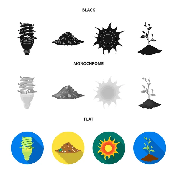 An ecological lamp, the sun, a garbage dump, a sprout from the earth. Bio and ecology set collection icons in black, flat, monochrome style vector symbol stock illustration web . — стоковый вектор