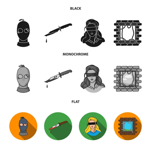 A thief in a mask, a bloody knife, a hostage, an escape from prison.Crime set collection icons in black, flat, monochrome style vector symbol stock illustration web. — Stock Vector