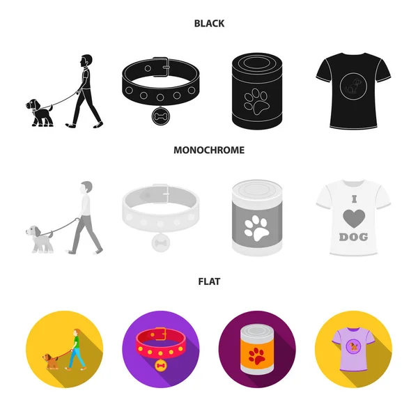 Muž chodí se psem, límec s medaili, potraviny, triko I love pes. Pes sada kolekce ikon v černé, plochý, monochromatický stylu vektor symbol skladem ilustrace web. — Stockový vektor