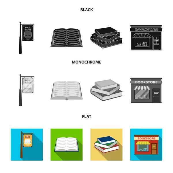 Μια πινακίδα, ένα βιβλιοπωλείο, μια στοίβα από βιβλία, ένα ανοικτό βιβλίο. Μια βιβλιοθήκη και ένα βιβλιοπωλείο που συλλογή εικονιδίων στο μαύρο, επίπεδη, μονόχρωμη στυλ διάνυσμα σύμβολο μετοχής εικονογράφηση web. — Διανυσματικό Αρχείο