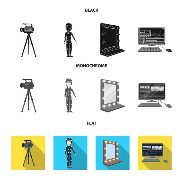 Kamery filmowe, garnitur dla efektów specjalnych i innych urządzeń. Dokonywanie filmy zestaw kolekcji ikon w czarne, płaskie, monochromatyczne styl wektor symbol czas ilustracja web. — Wektor stockowy
