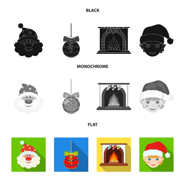Санта-Клаус, танцы, камин и декорации черные, плоские, монохромные в наборе для дизайна. Рождественская векторная веб-иллюстрация . — стоковый вектор