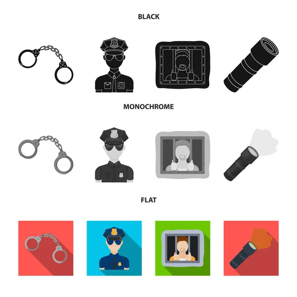 Handschellen, Polizist, Gefangener, Taschenlampe. Police Set Sammlung Symbole in schwarz, flach, monochromen Stil Vektor Symbol Stock Illustration Web. — Stockvektor