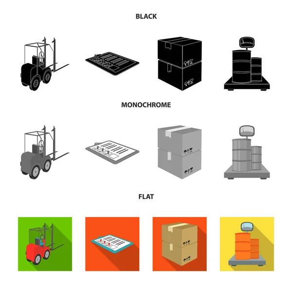 Heftruck, levering slips, verpakte goederen, lading op weegschalen. Logistiek en levering instellen collectie iconen in zwart, plat, zwart-wit stijl isometrische vector symbool stock illustratie web. — Stockvector