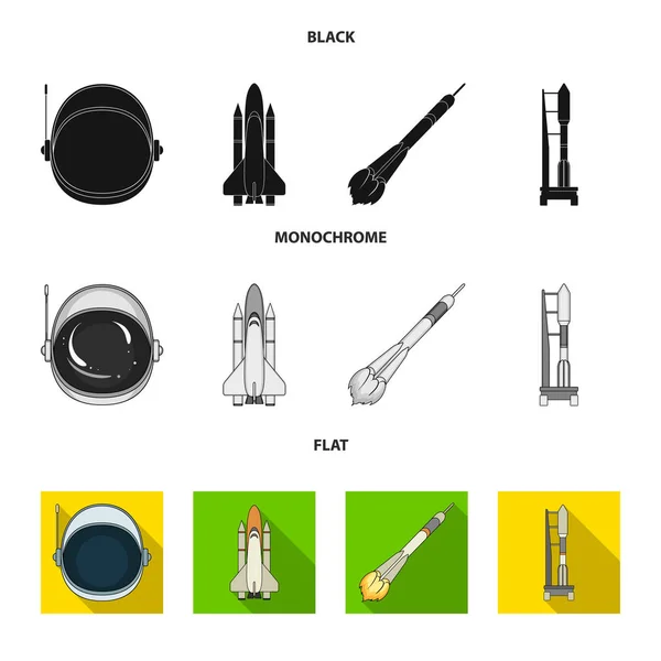 Un vaisseau spatial dans l'espace, une navette cargo, une rampe de lancement, un casque d'astronaute. Ensemble de technologie spatiale icônes de collection en noir, plat, monochrome style vectoriel symbole illustration web . — Image vectorielle