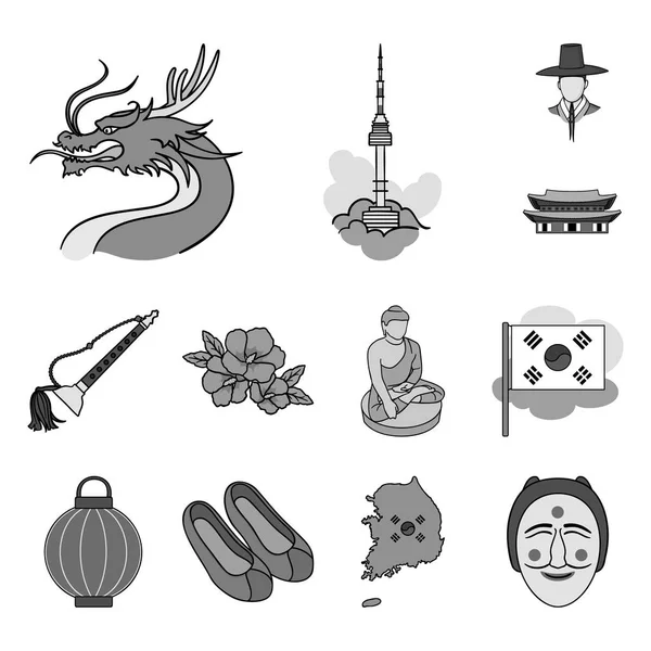País Corea del Sur iconos monocromáticos en la colección de conjuntos para design.Travel y atracción vector símbolo stock web ilustración . — Vector de stock