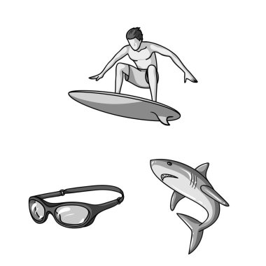 Sörf ve aşırı tek renkli simgeler set koleksiyonu tasarım için. Sembol stok web illüstrasyon vektör sörfçü ve aksesuarları.