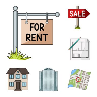 Emlak ajansı karikatür simgeleri set koleksiyonu tasarım için. Alış ve satış Emlak vektör simge stok web çizim.