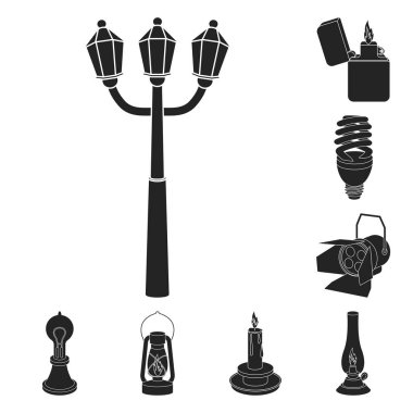 Set koleksiyonu tasarım için ışık kaynağı siyah simgeler. Işık ve ekipman sembol stok web illüstrasyon vektör.