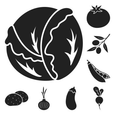 Sebze çeşitleri set koleksiyonu tasarım için simgeler siyah. Sembol stok web illüstrasyon vektör sebze ve vitaminler.