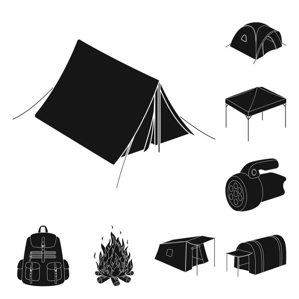 Diversi tipi di tende icone nere nella collezione set per il design. Rifugio temporaneo e alloggiamento simbolo vettore stock web illustrazione . — Vettoriale Stock