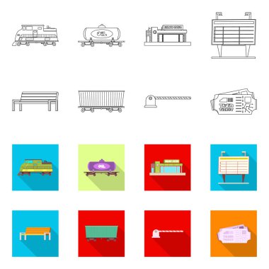 Tren ve İstasyonu simge vektör Illustration. Tren ve bilet hisse senedi vektör çizim seti.